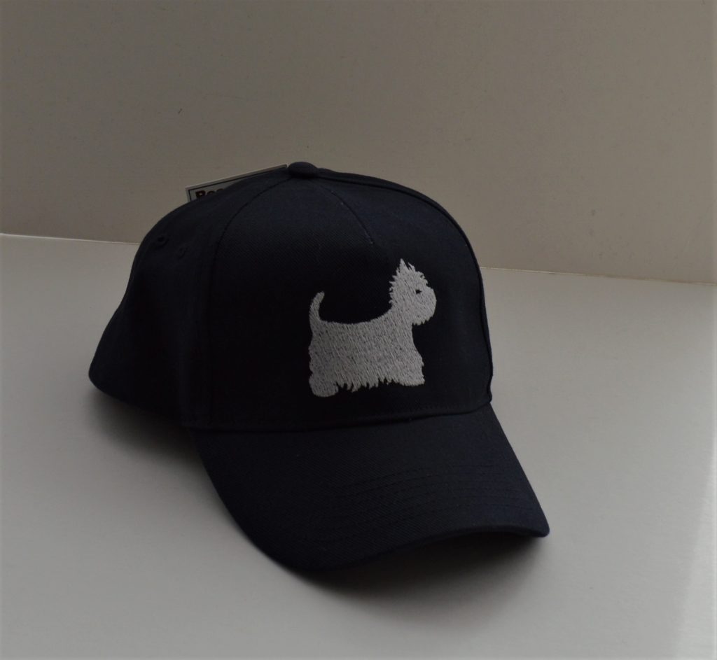 french navy baseball cap with an embroidered westie on the front